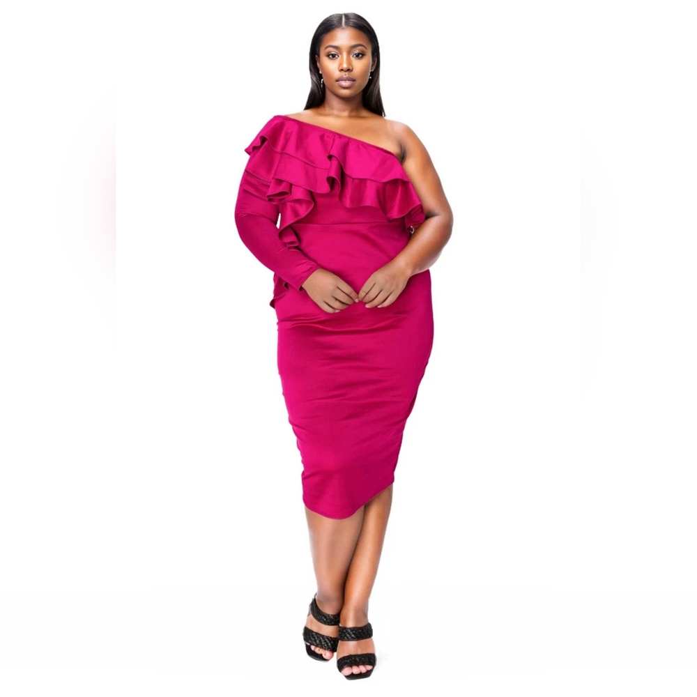 NEW NWOT LIVD Apparel Plus Size Val Ruffled Magenta Bodycon Midi Dress Sz 3X